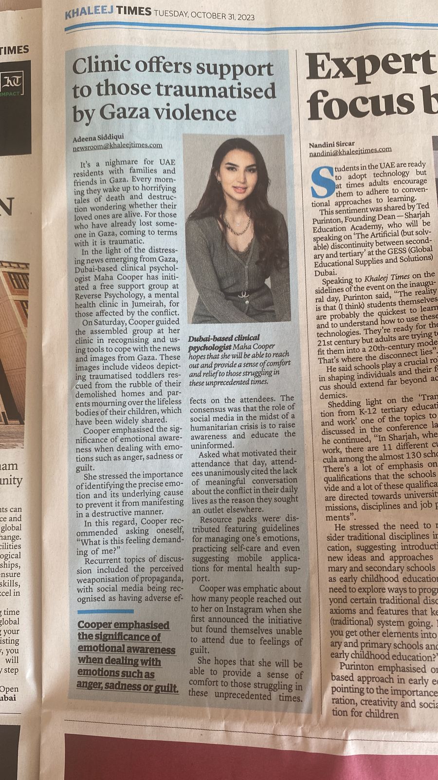 Maha Cooper featured in Khaleej Times newspaper